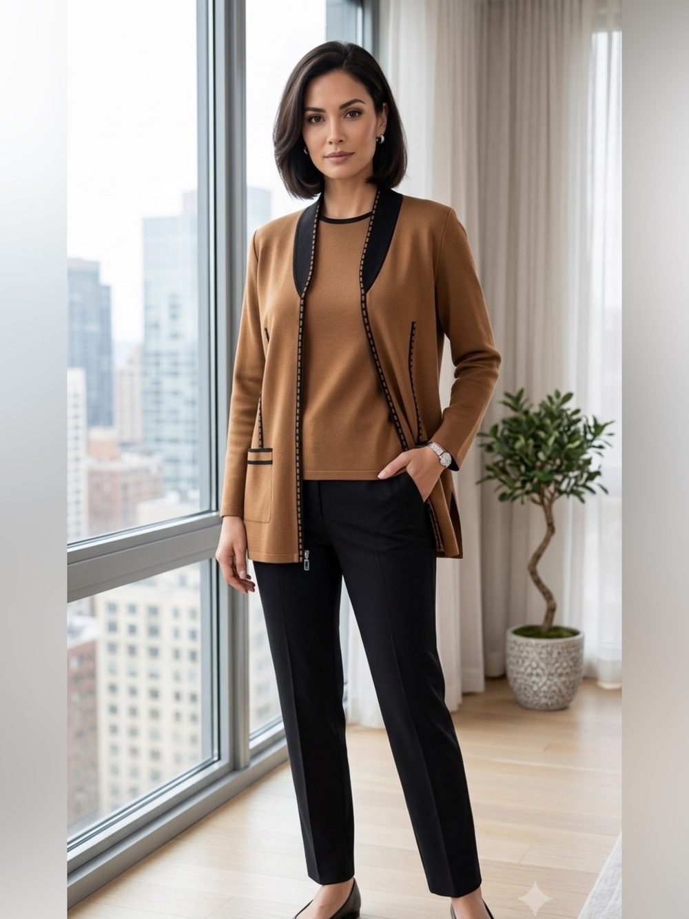 Vintage MISOOK 2-Piece Knit Set - Jacket & Top - Camel/Black, Size S